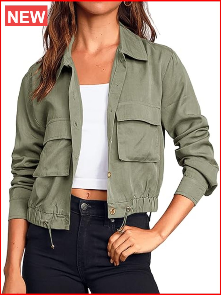 Cropped Military Utility Anorak Jacket With Pockets Button Down Lightweight